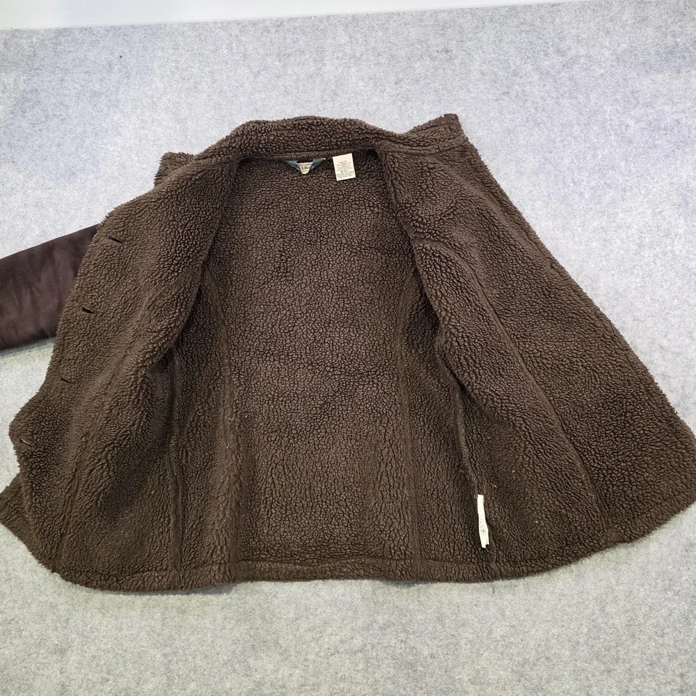 LL Bean Coat Womens Medium Pet Brown Faux Fur‎ Lined Fleece Sherpa Button Front